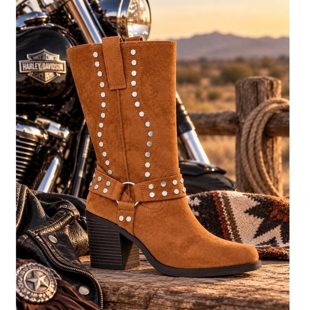 Moto Western Studded Boots Square Toe Cognac Brown Women's Size 9 New NWT